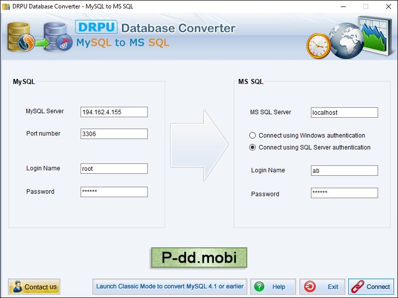 Screenshot of MySQL to MSSQL Conversion Tool