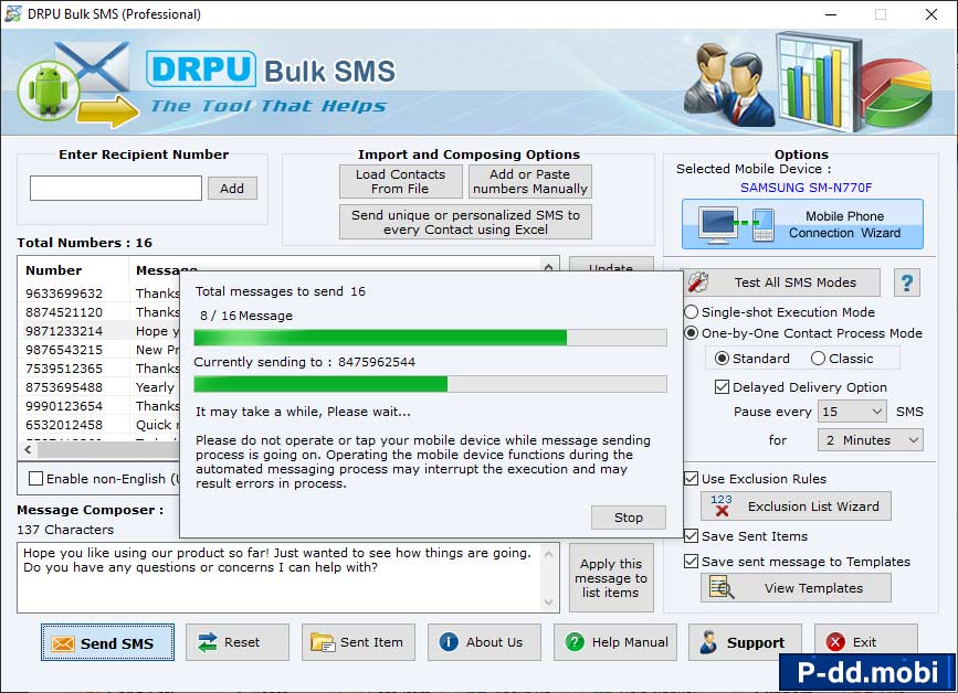 SMS sending in progress SMS sending in progress