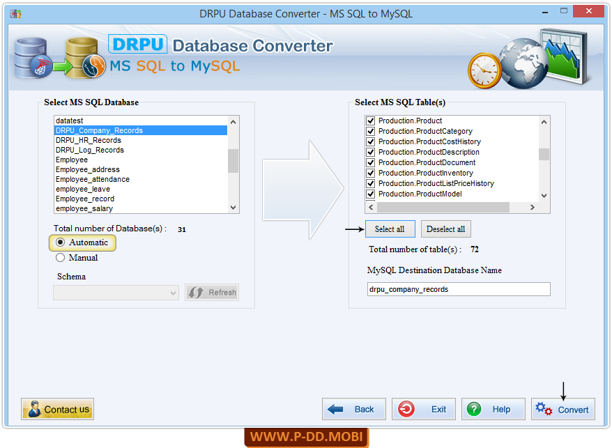Select MS SQL Database and Tabels to convert Select MS SQL Database and Tabels to convert