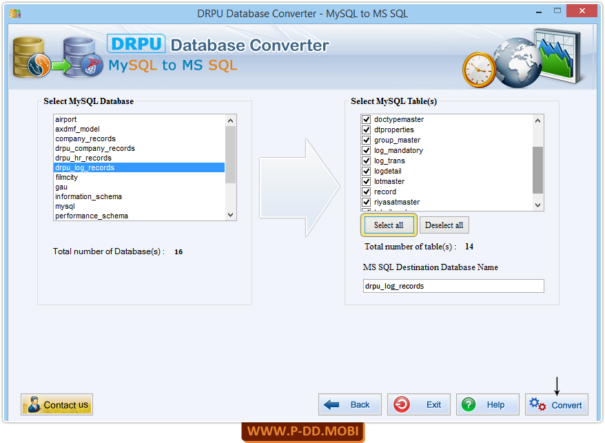 Select MySQL Database and Tabels to convert