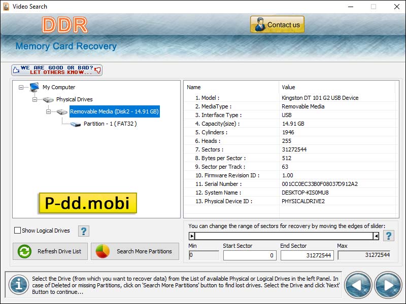 Screenshot of P-dd.mobi Memory Card Data Recovery